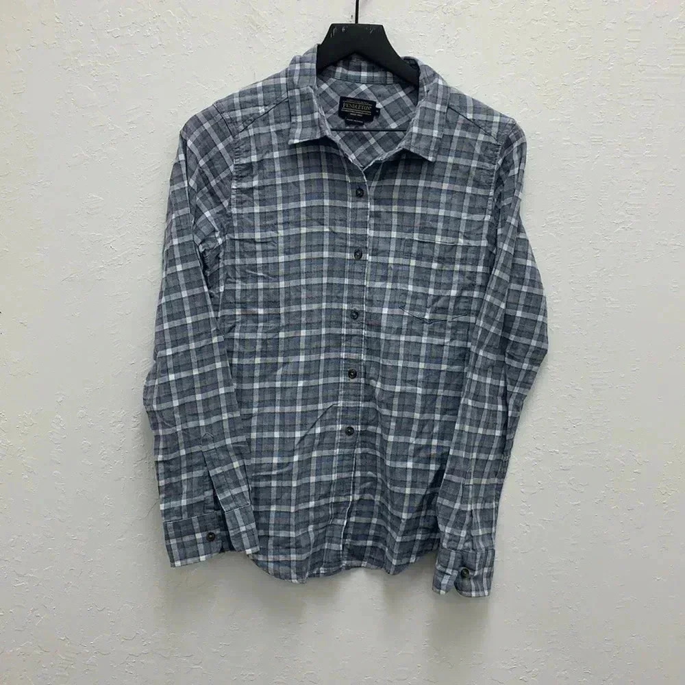 Pendleton Blue Plaid Shawl Collar Button Up Shirt Size Medium